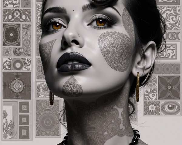 Portrait of a woman with bold makeup and patterns