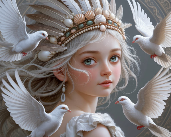 Young girl with feathered headdress and white doves