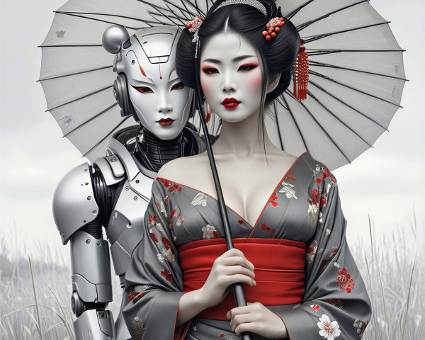Traditional Kimono and Futuristic Robot in Nature