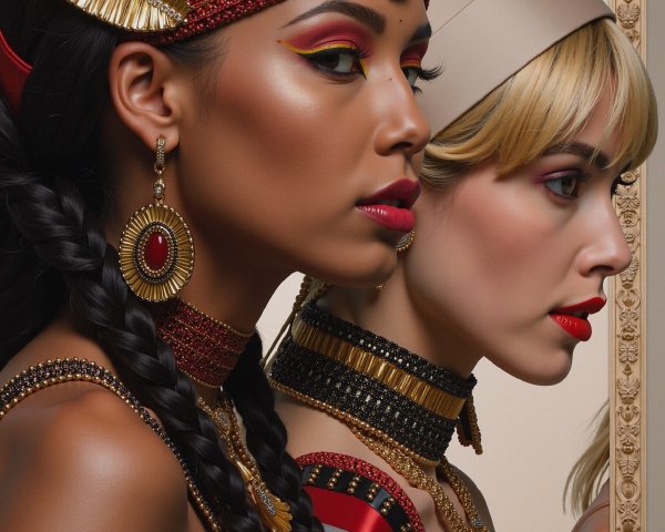 Elegant Women in Elaborate Headpieces and Bold Makeup