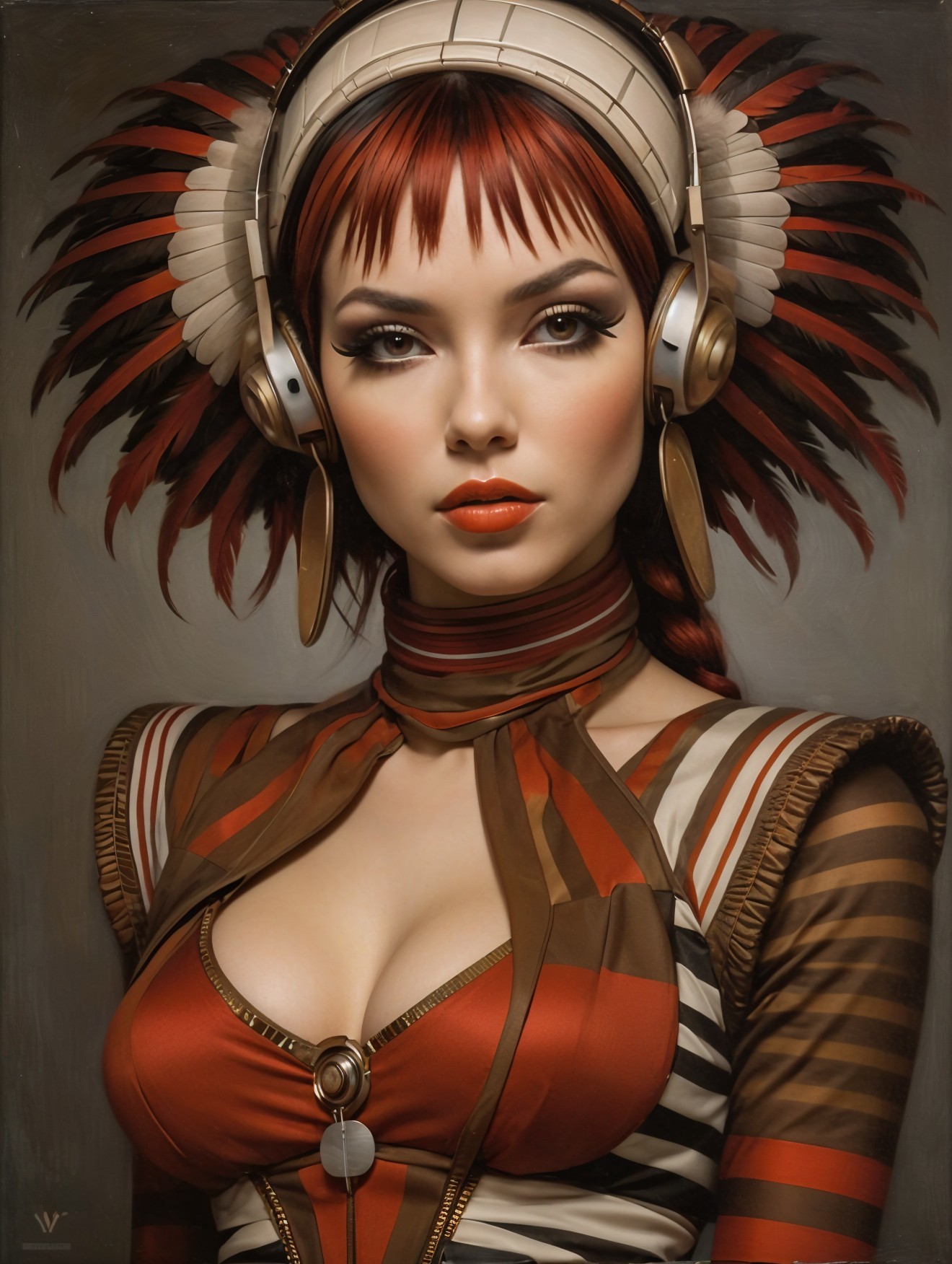 Portrait of a woman with red hair and feathered headgear