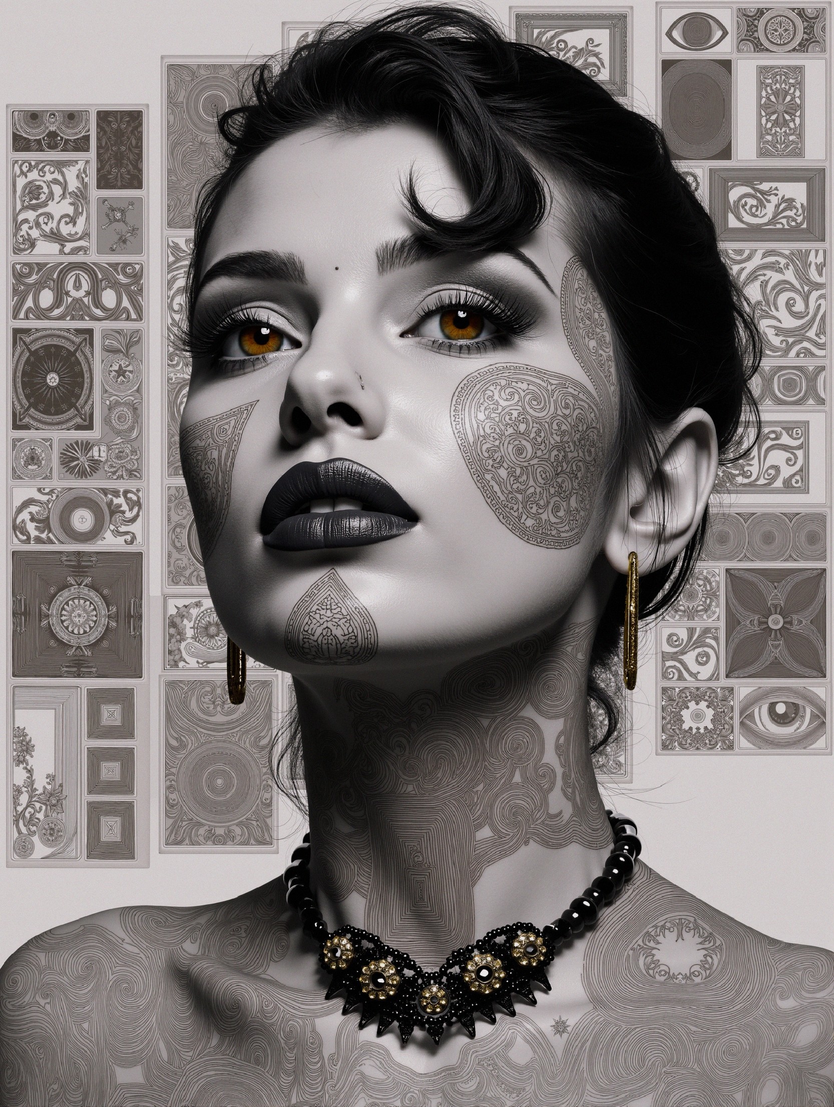 Portrait of a woman with bold makeup and patterns