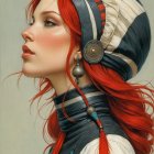 Elegant Woman with Red Hair and Regal Headdress