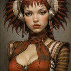 Portrait of a woman with red hair and feathered headgear
