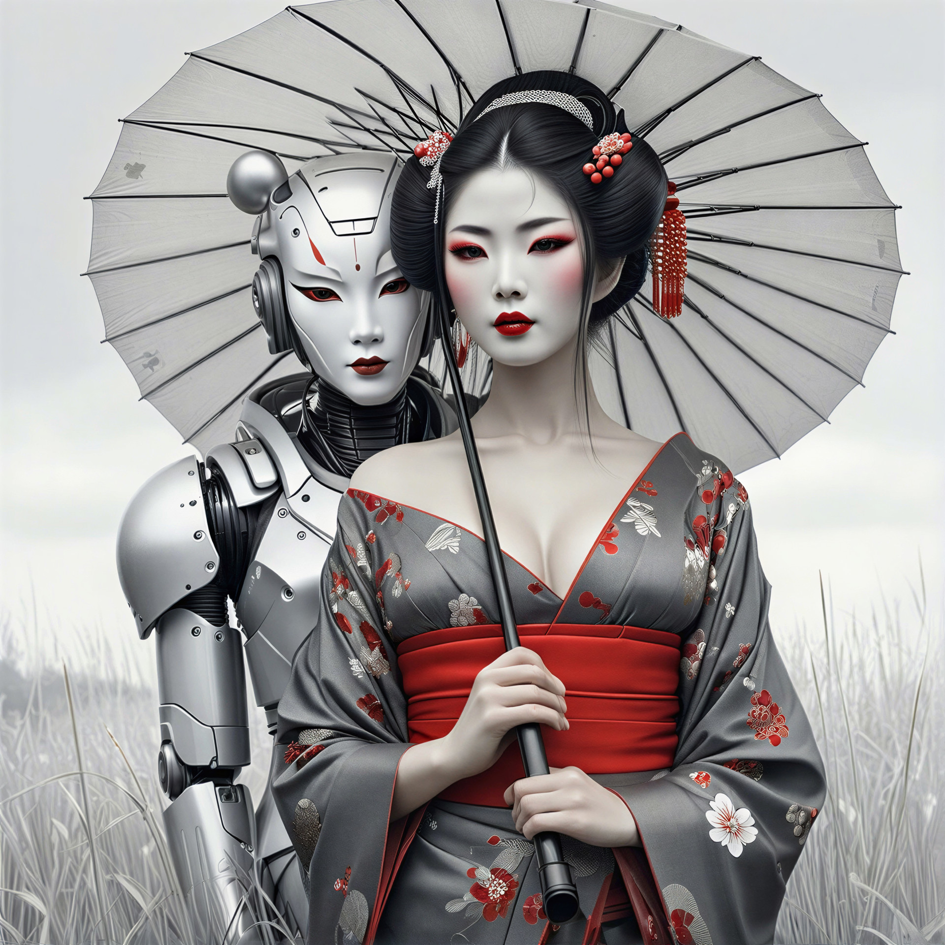 Traditional Kimono and Futuristic Robot in Nature