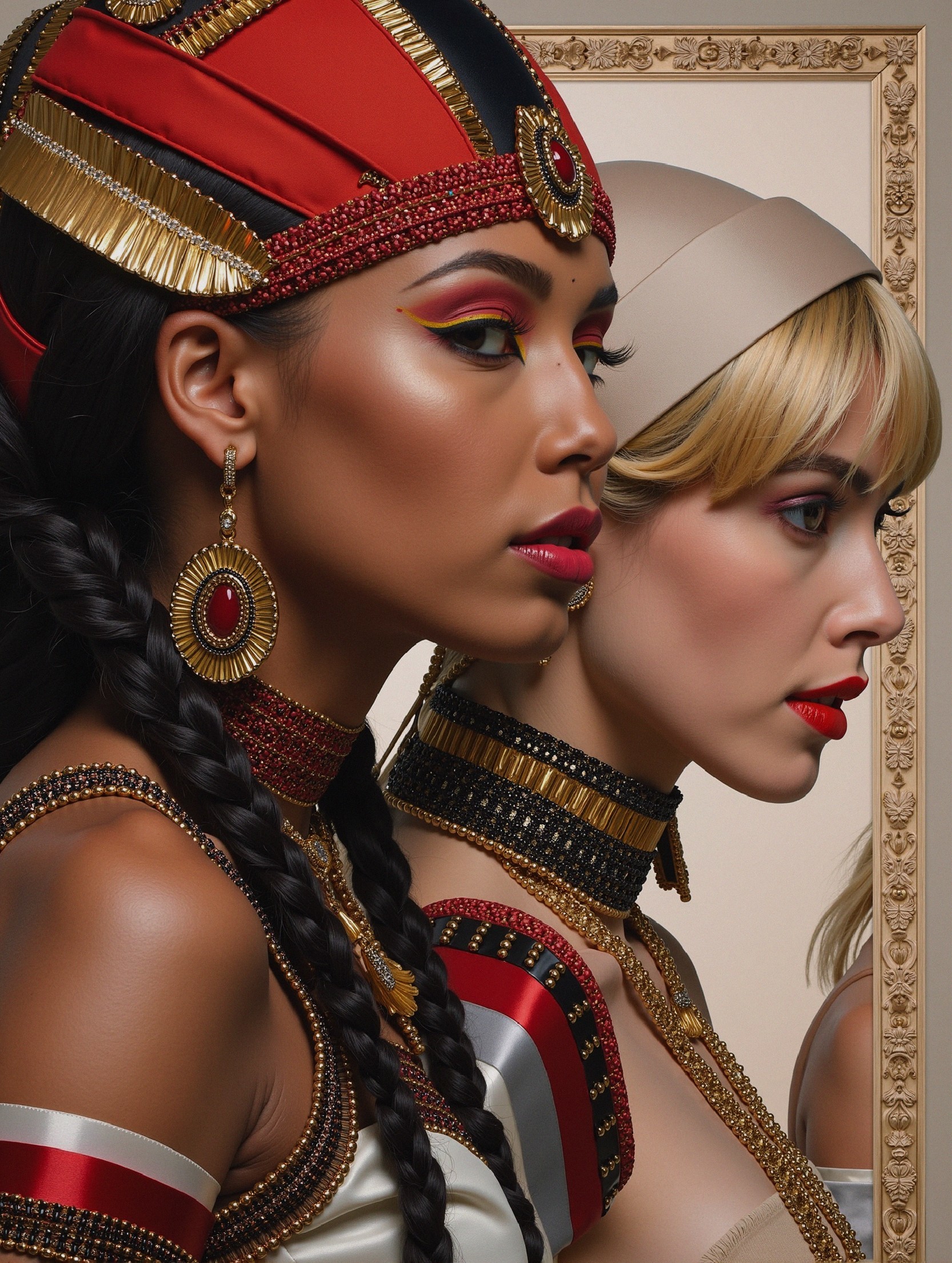 Elegant Women in Elaborate Headpieces and Bold Makeup