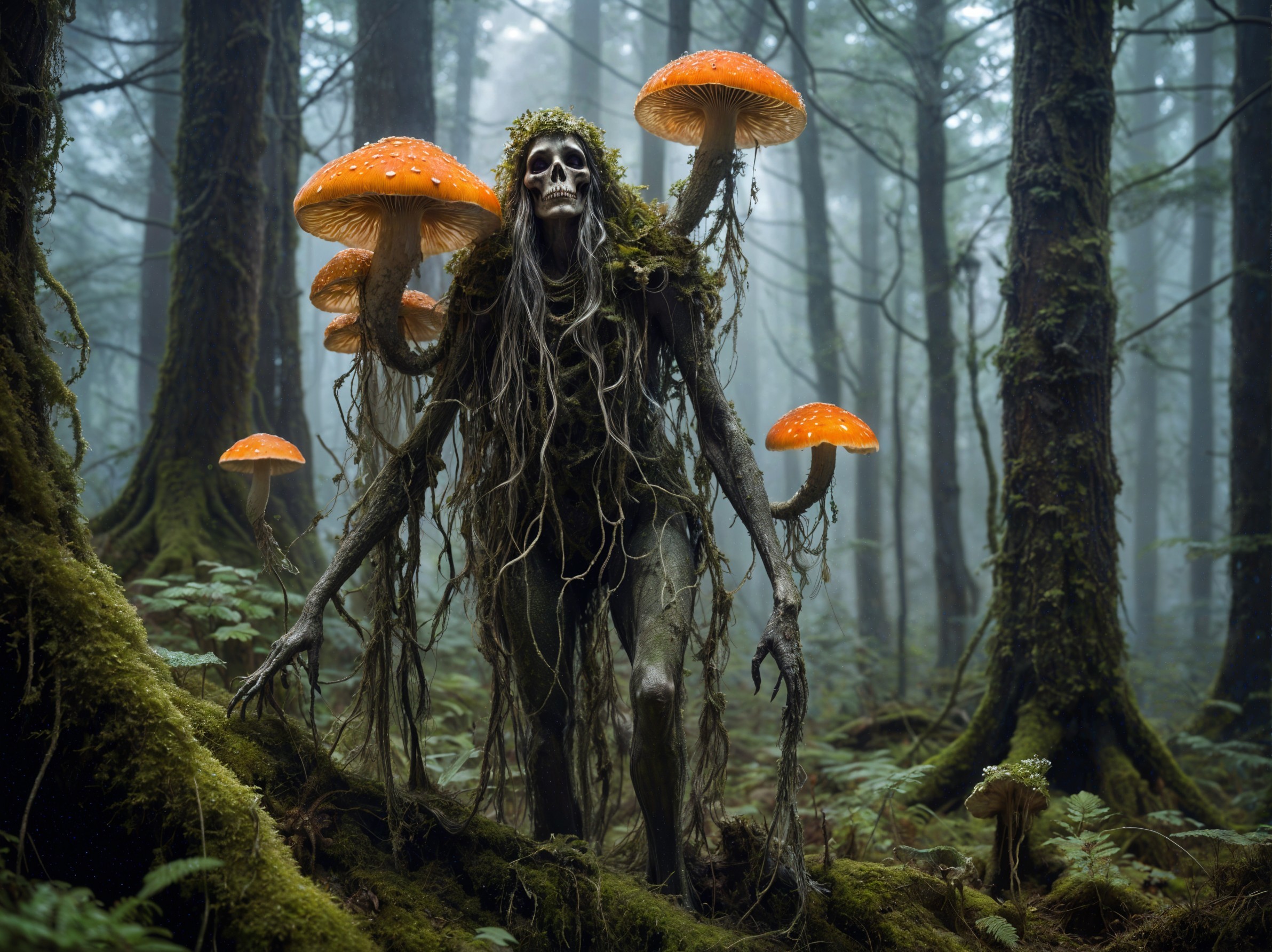 Skeletal Figure in Misty Forest with Orange Mushrooms