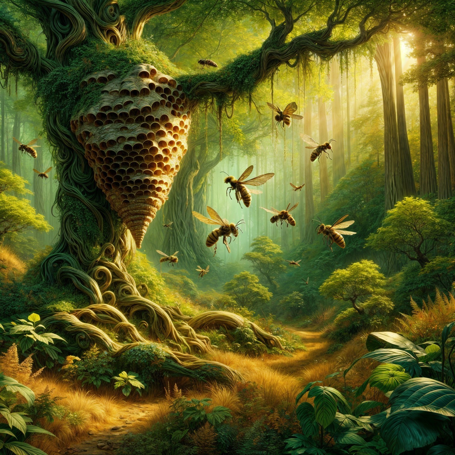 Majestic tree with beehive in vibrant forest setting