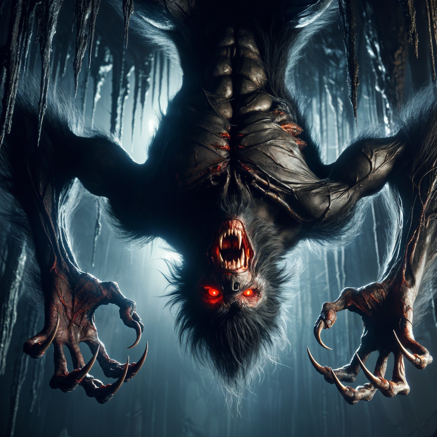 Menacing Creature in Dimly Lit Eerie Cave