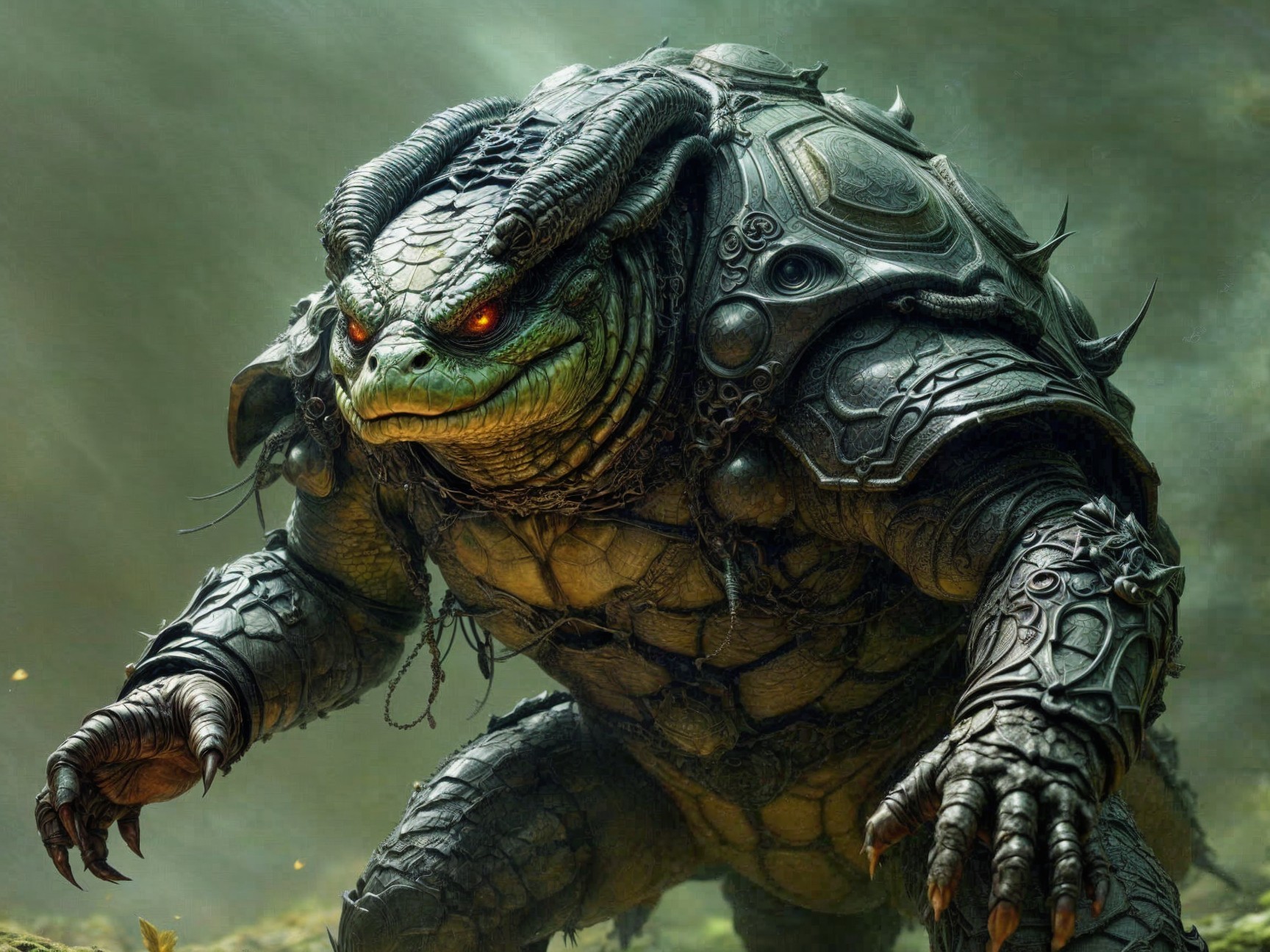 Armored Creature in Misty Landscape with Red Eyes