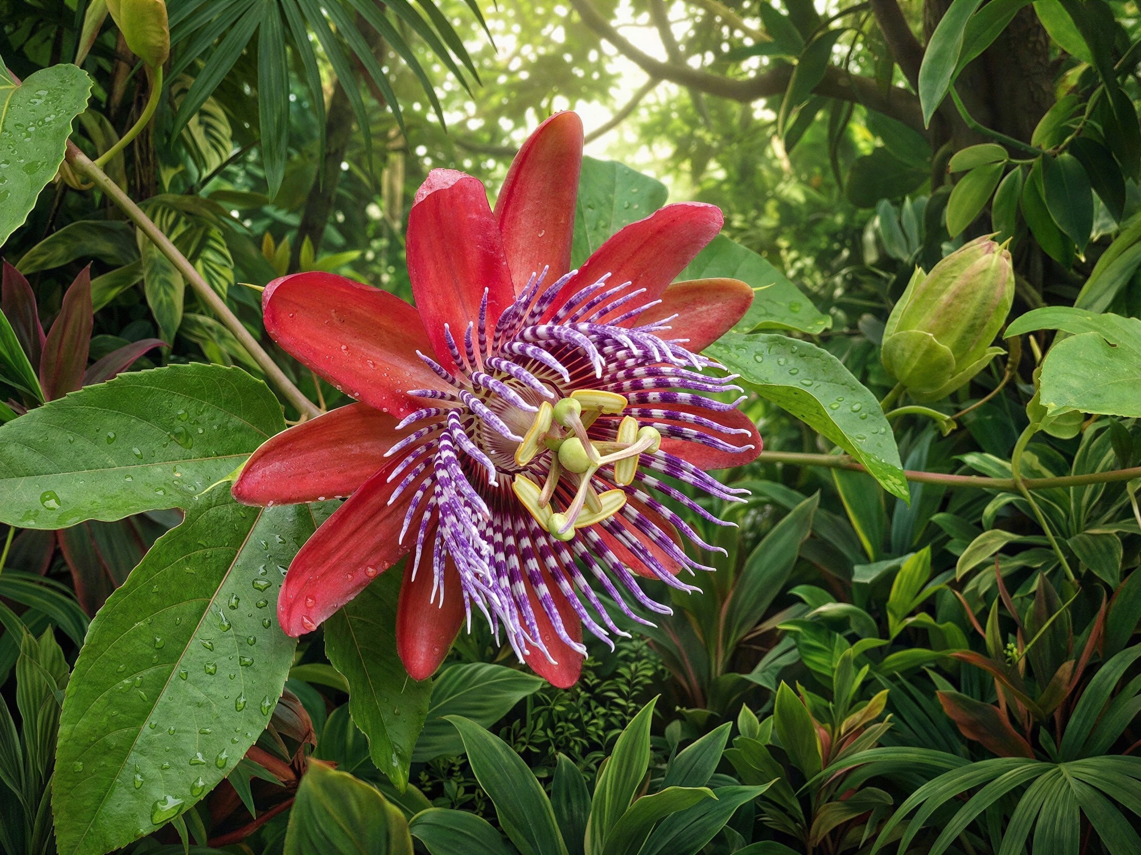 Close-up of a red passion flower with dew drops