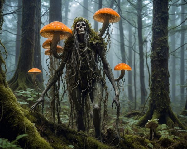 Skeletal Figure in Misty Forest with Orange Mushrooms
