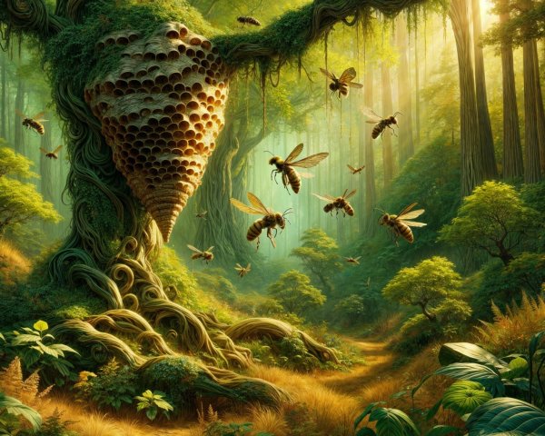 Majestic tree with beehive in vibrant forest setting