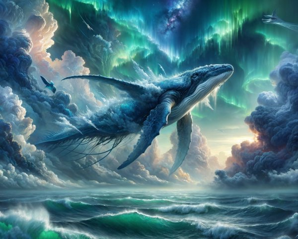 Whale in Vibrant Sky with Aurora and Ocean Waves