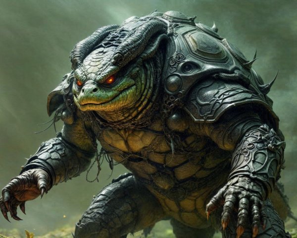 Armored Creature in Misty Landscape with Red Eyes