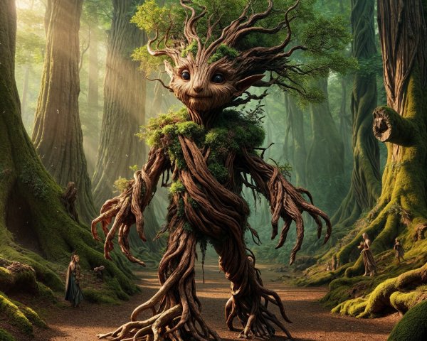 Whimsical Tree Creature in a Vibrant Forest Scene
