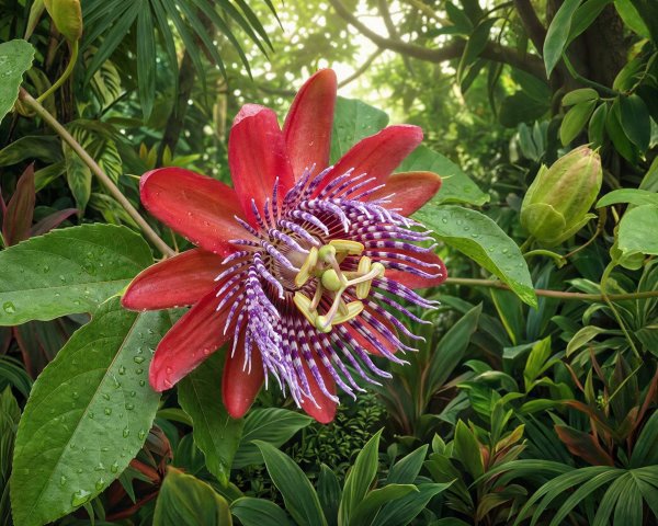 Close-up of a red passion flower with dew drops