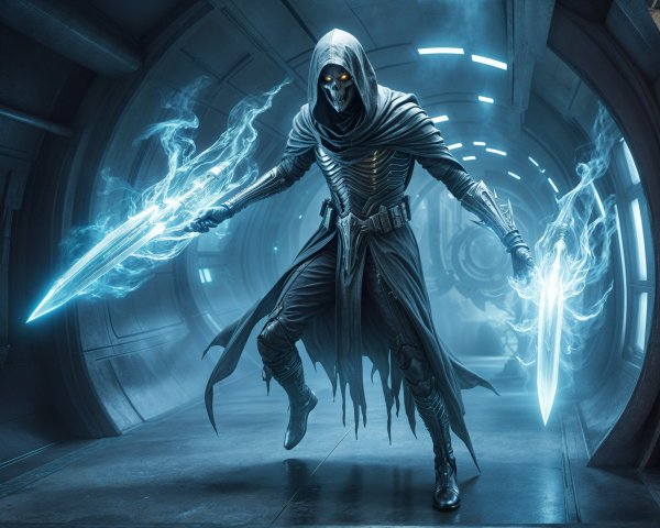 Menacing Figure with Ethereal Swords in Sci-Fi Corridor