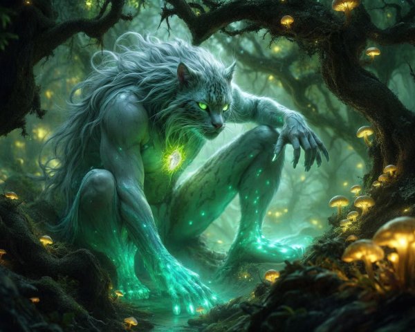 Mythical Creature in Mystical Forest with Glowing Elements