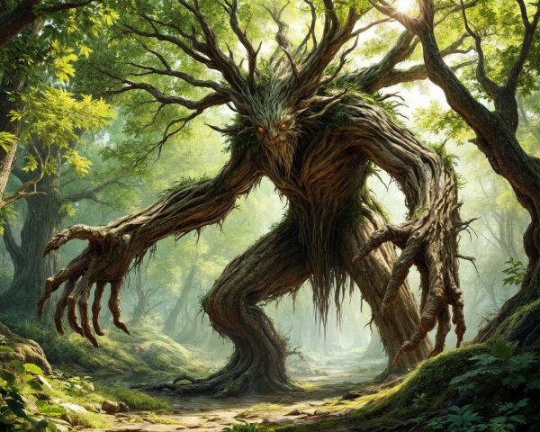 Mythical creature of wood and vines in vibrant forest