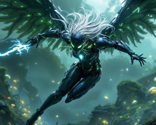 Futuristic figure with wings in a mystical forest