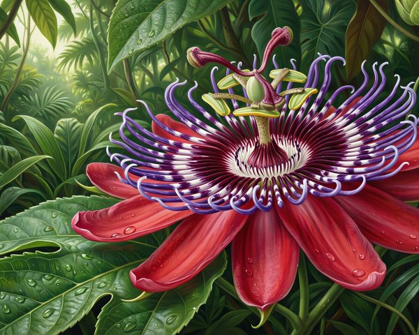 Detailed Tropical Jungle Scene with Passion Flower
