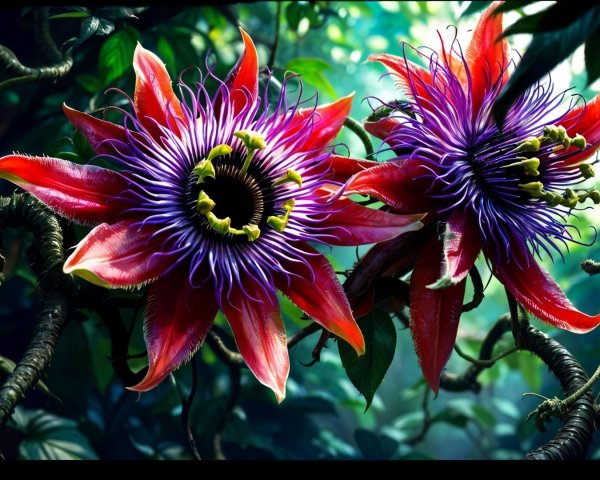 Vibrant Passion Flowers Amidst Lush Green Foliage