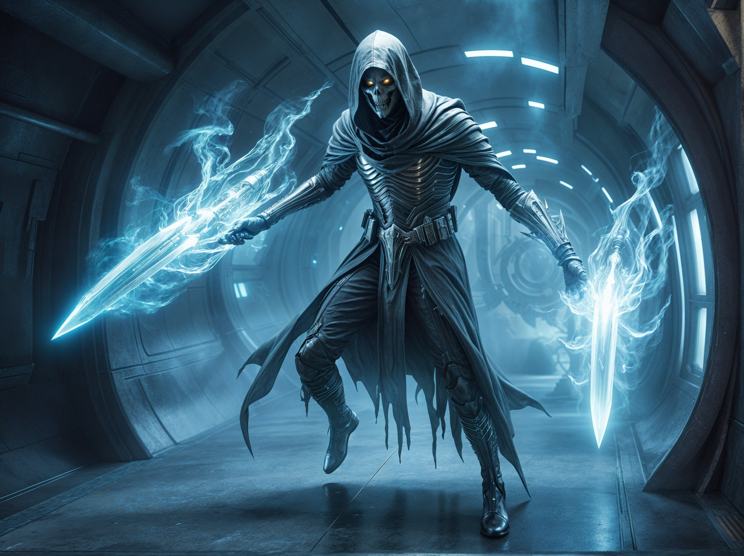 Menacing Figure with Ethereal Swords in Sci-Fi Corridor