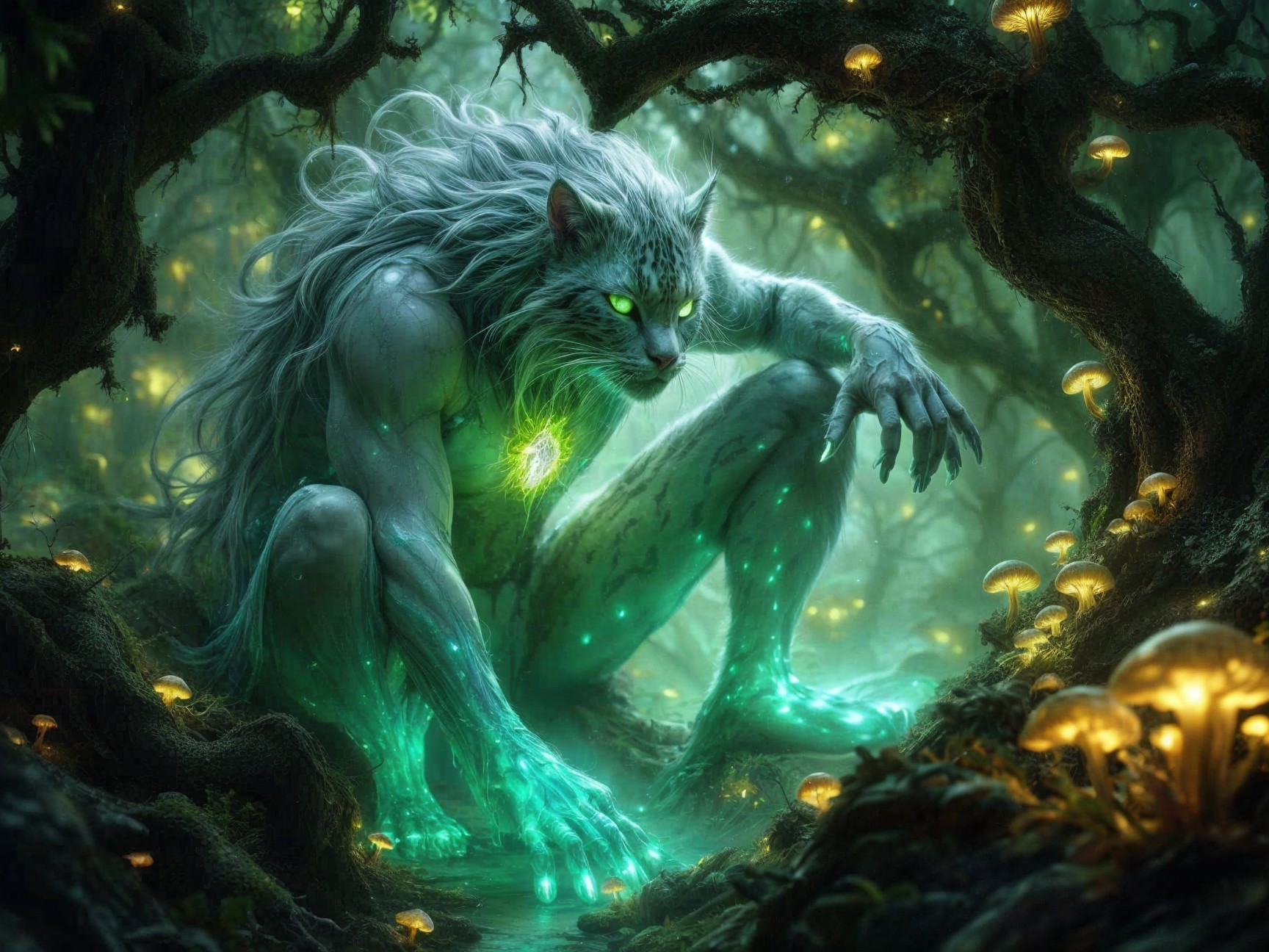 Mythical Creature in Mystical Forest with Glowing Elements