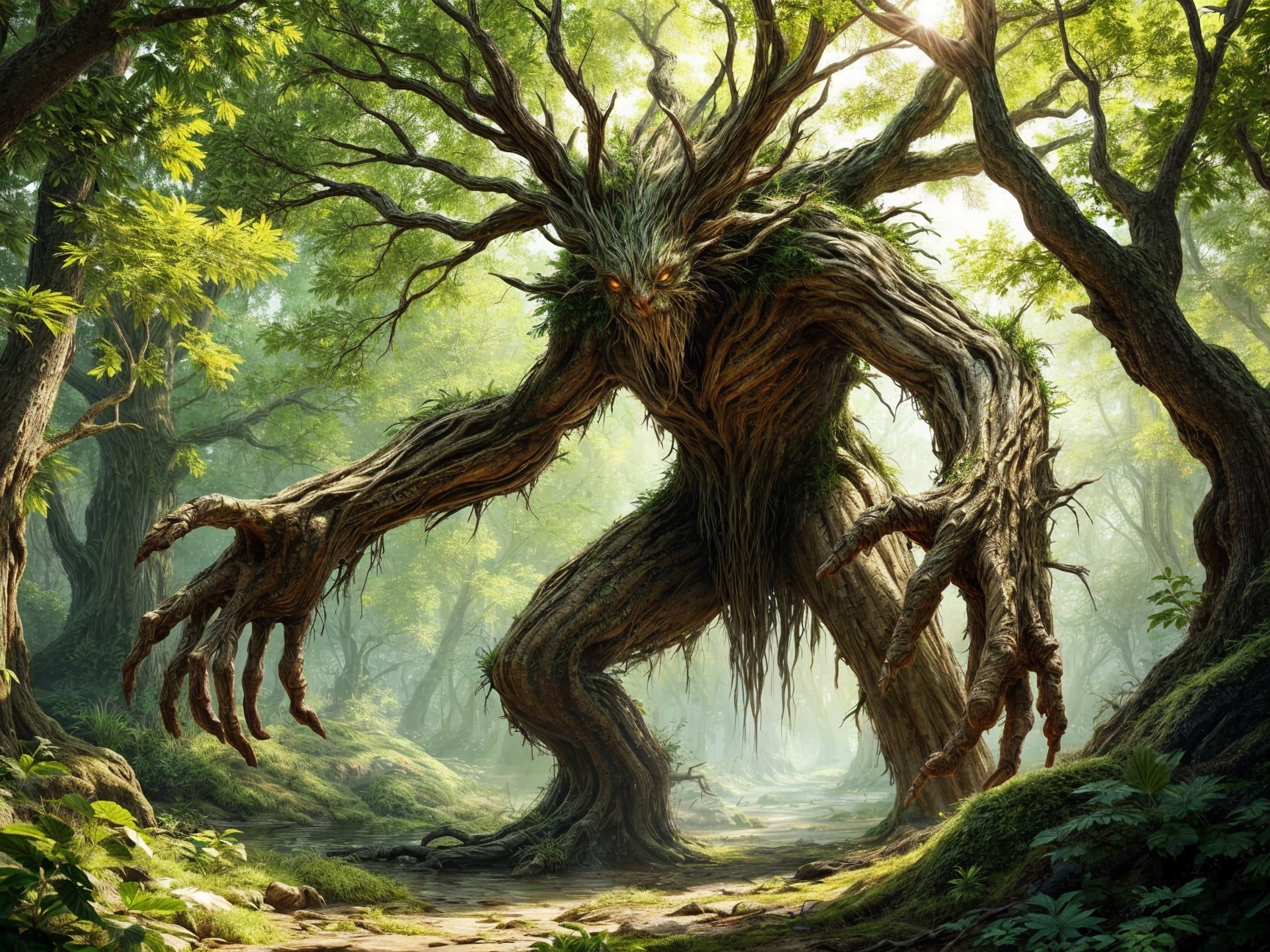 Mythical creature of wood and vines in vibrant forest