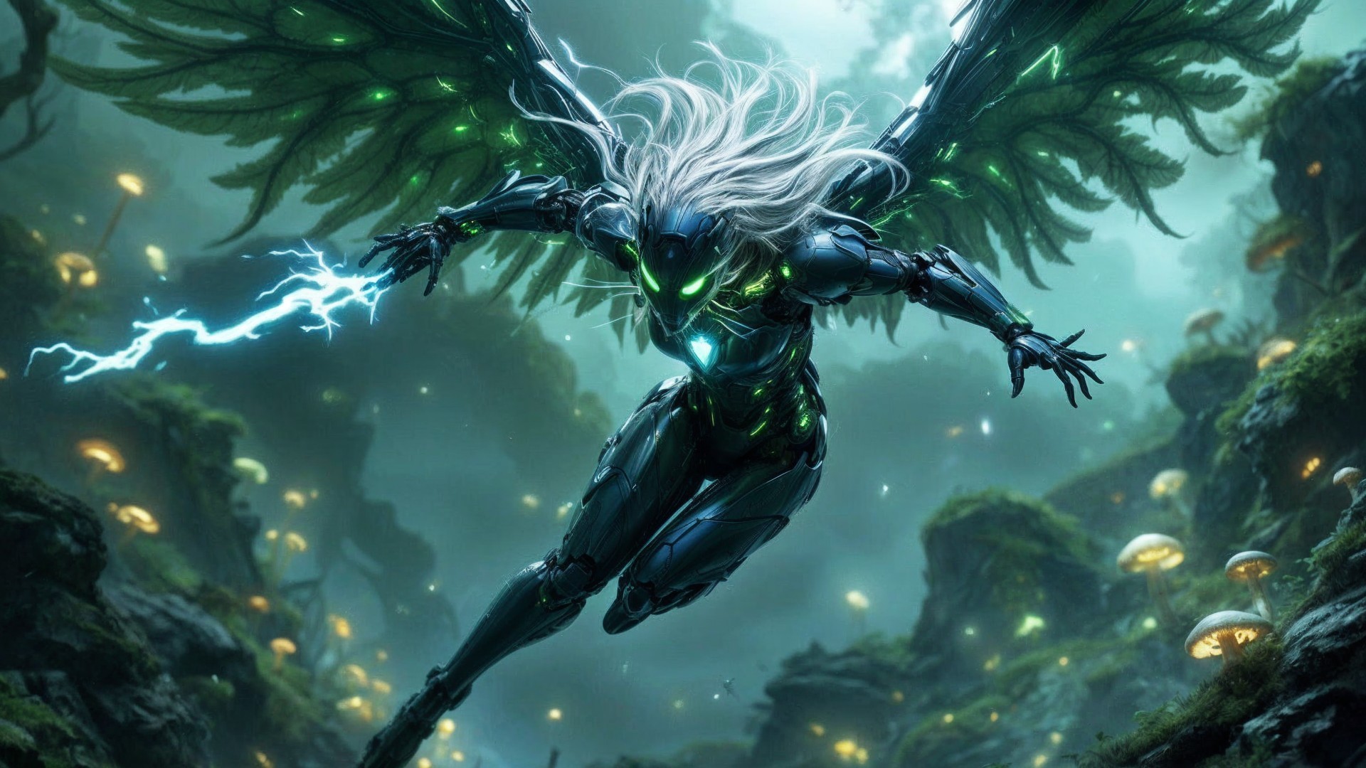 Futuristic figure with wings in a mystical forest
