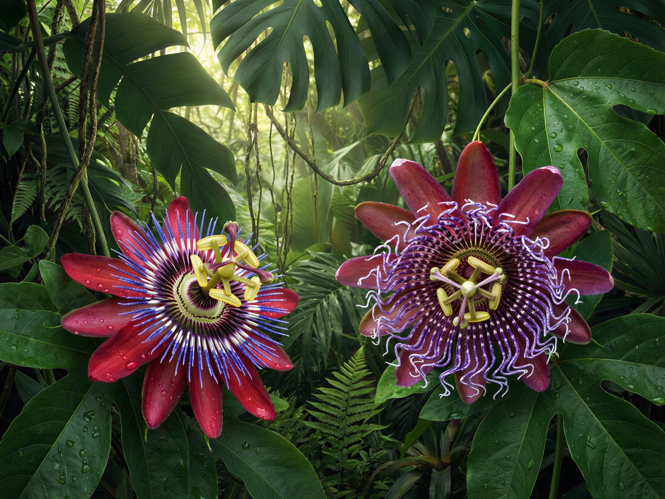 Passiflora Flowers in Lush Jungle with Water Droplets