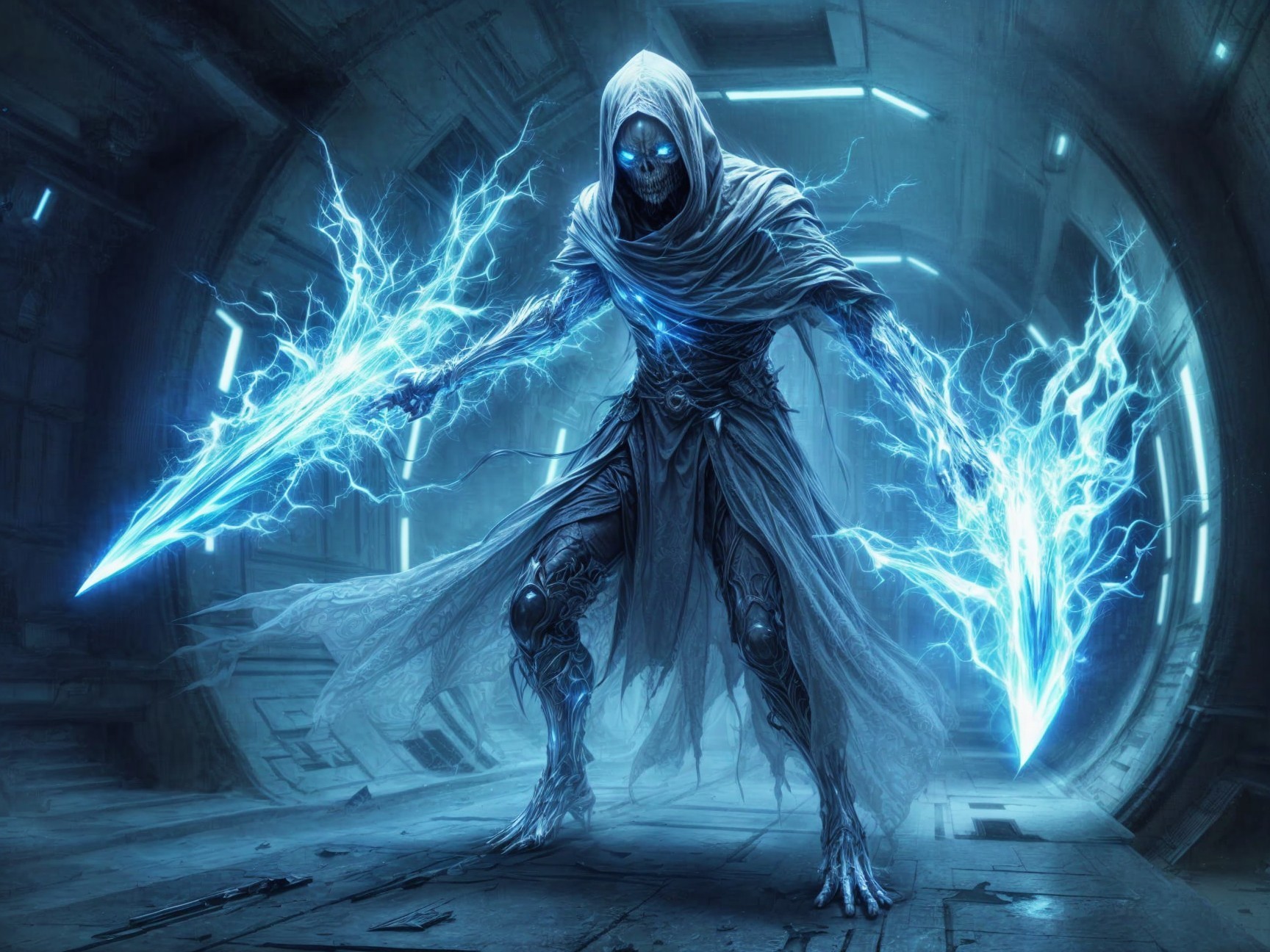 Spectral Figure in Futuristic Setting with Electric Swords
