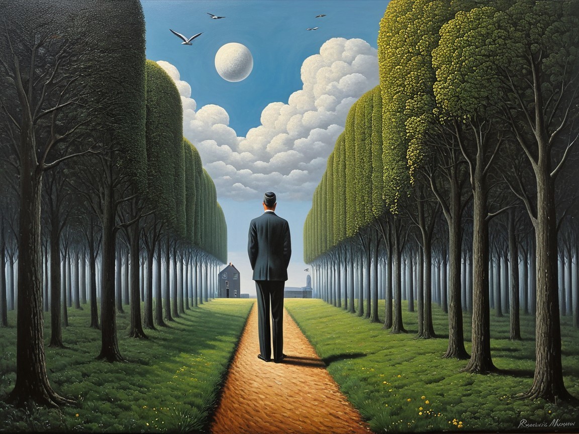 Solitary Figure on Winding Path with Trees and Moon