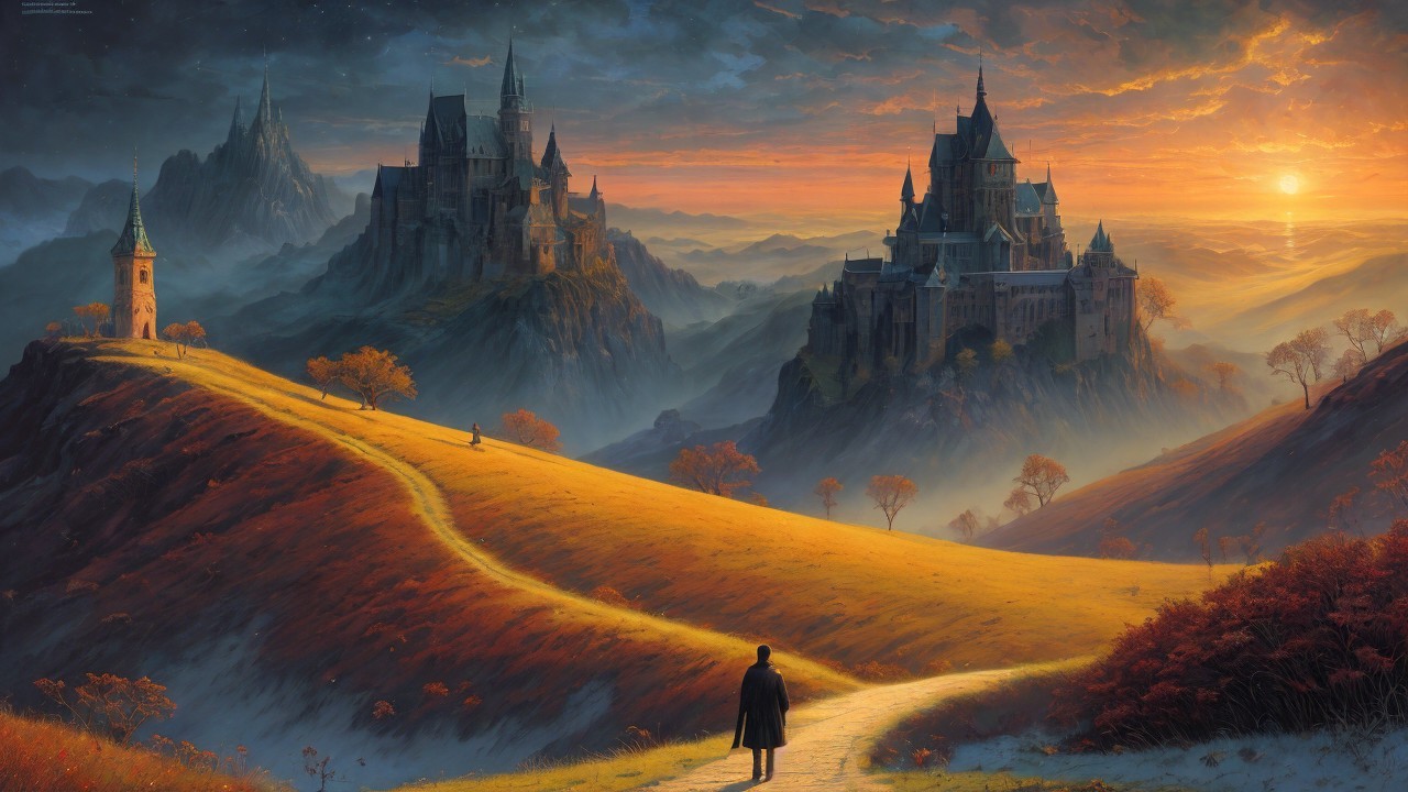 Winding Path Through Hills at Sunset with Castles