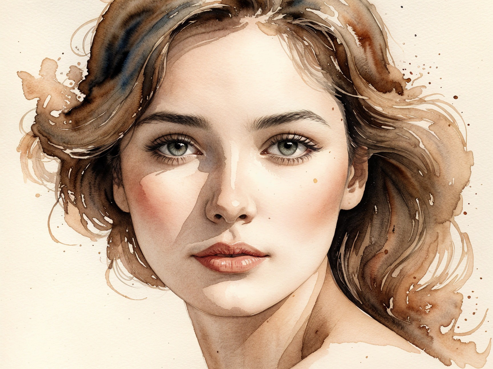 Watercolor Portrait of a Young Woman with Green Eyes