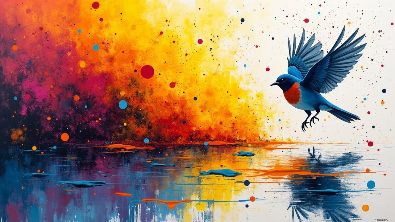 Abstract Scene of Bluebird in Flight with Colorful Background