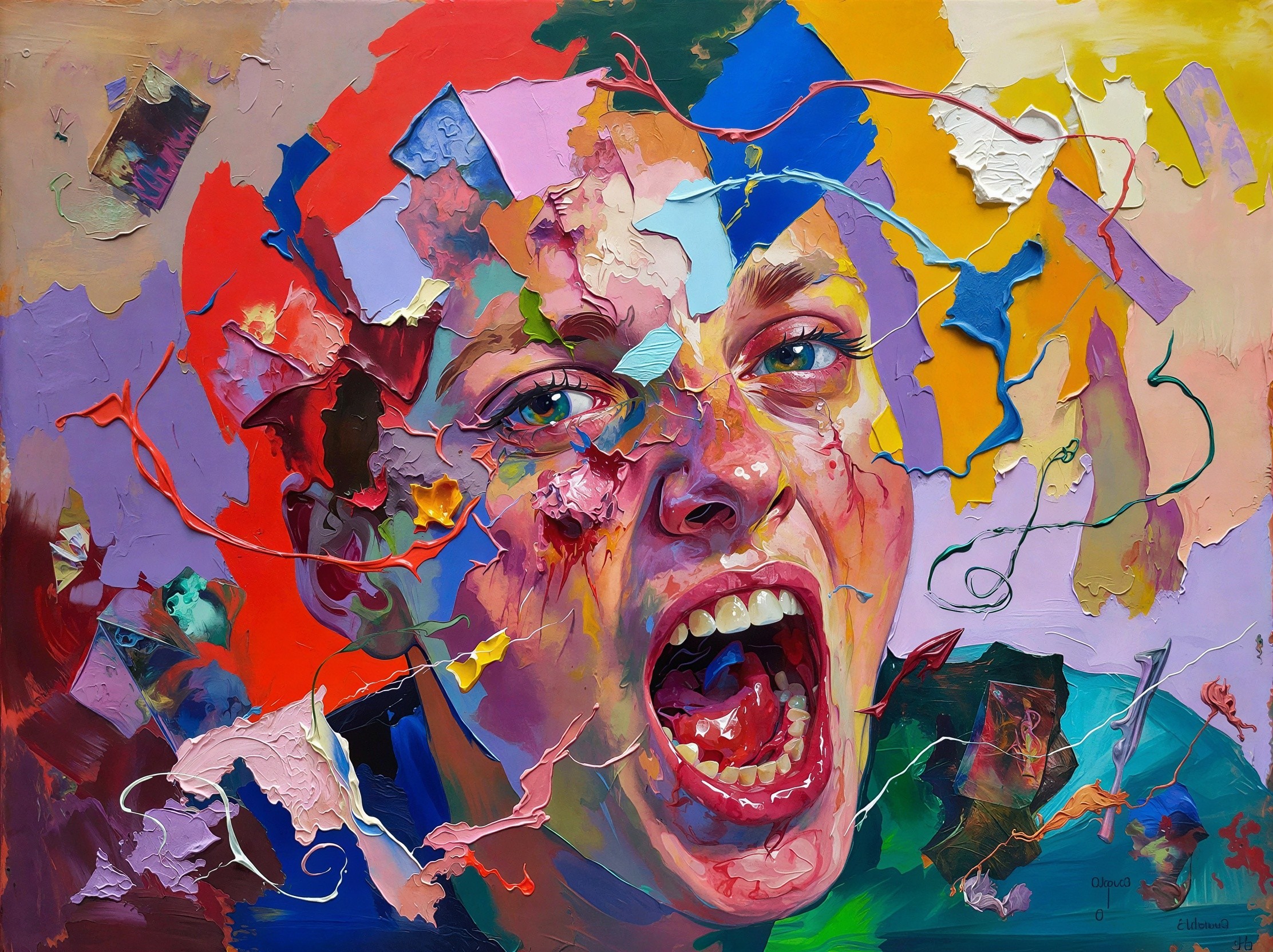 Close-Up Painting of a Screaming Face with Vivid Colors