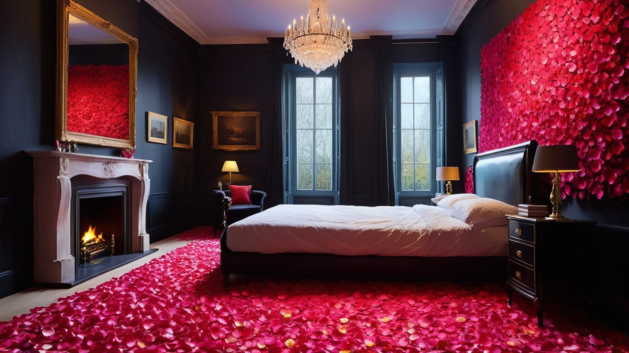 Luxurious Bedroom with Red Rose Petal Decor