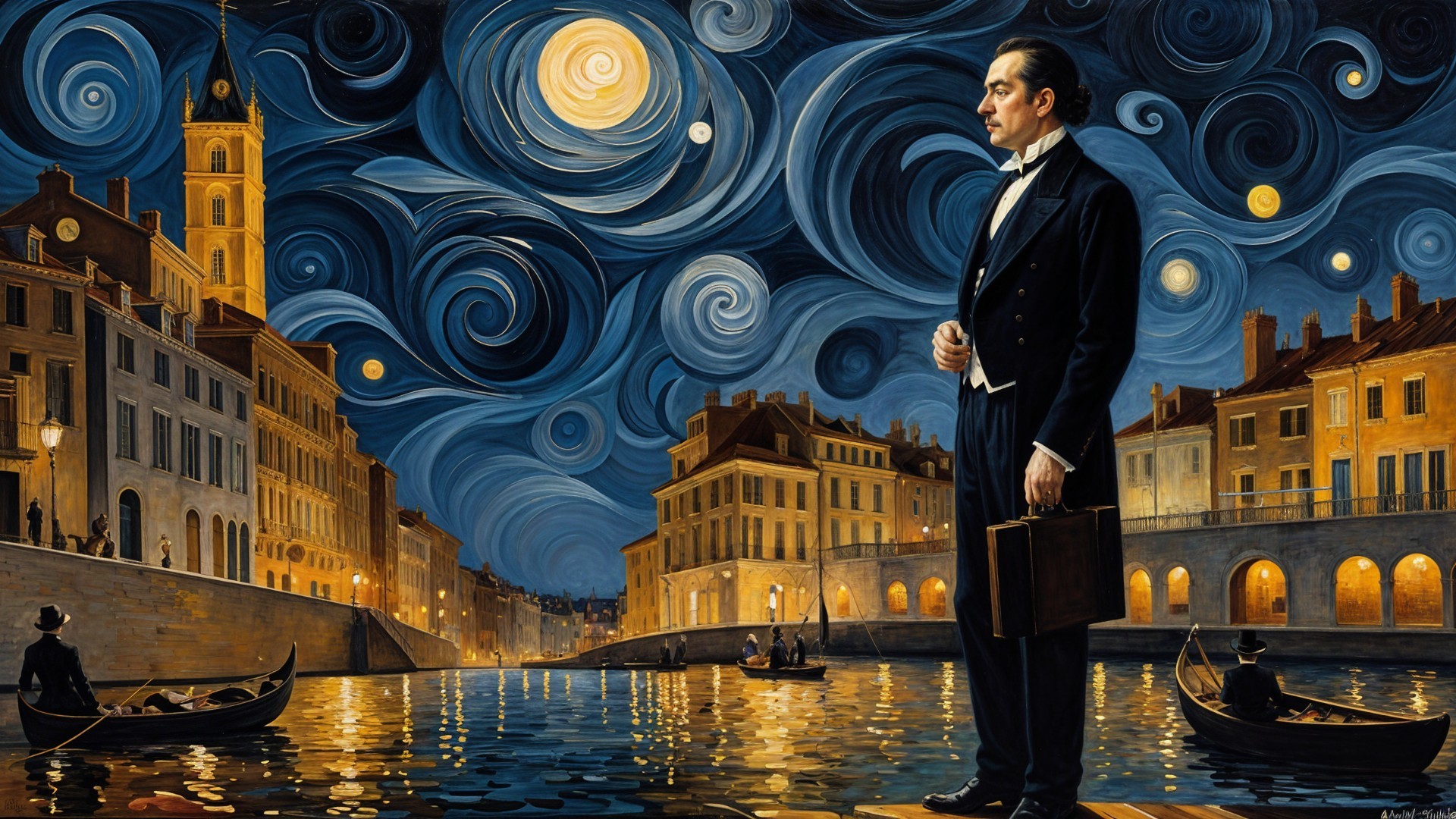 Elegant man by river under starry night sky