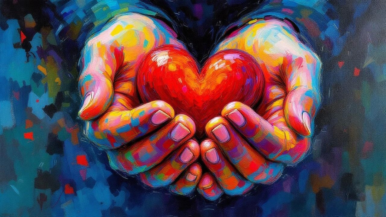Colorful Painting of Hands Cradling a Red Heart