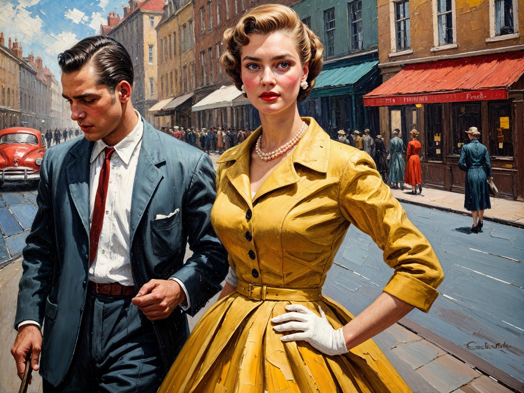 Vintage Couple in Stylish Attire on Bustling Street