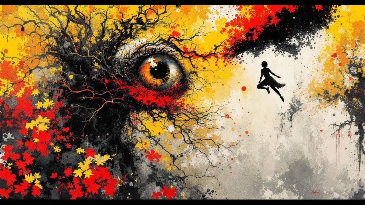 Giant Eye Among Autumn Leaves and Twisting Branches