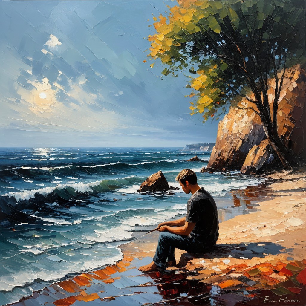 Serene Ocean Scene with Young Man by the Shore