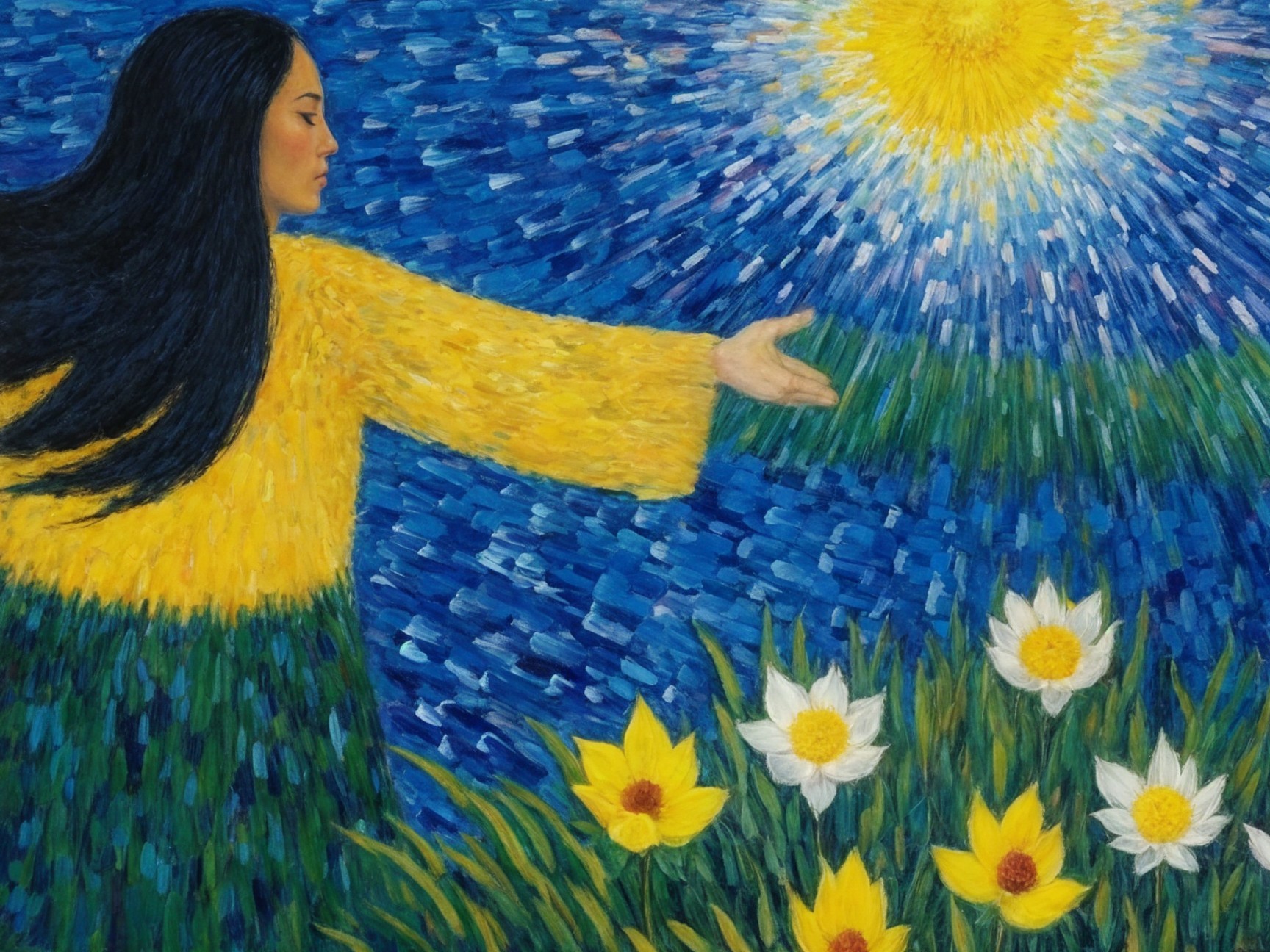 Woman in yellow sweater reaching for the sun