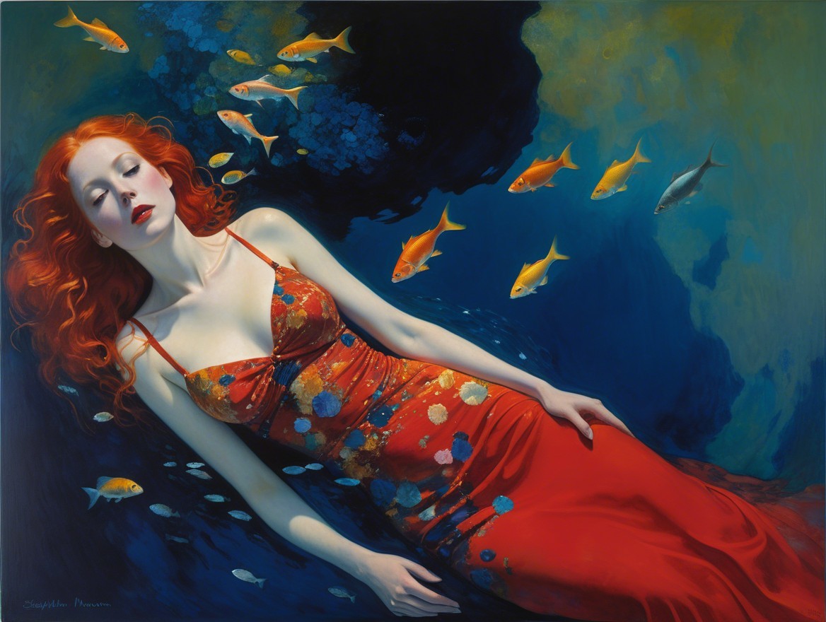 Underwater Scene of Woman in Red Dress and Fish
