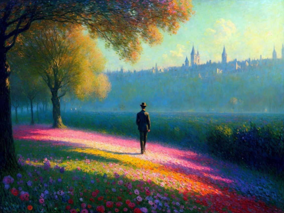 Serene Landscape with Man Walking on Flower Pathway