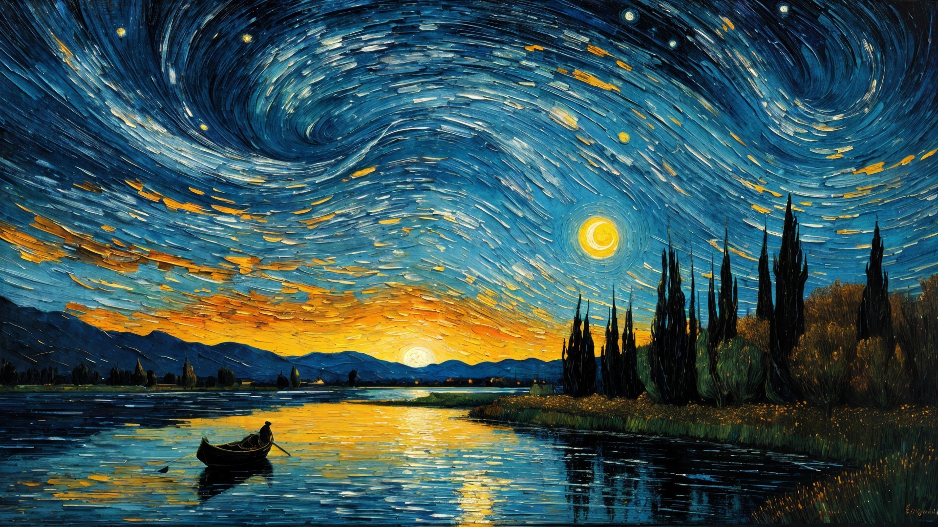Serene Night Scene with Starry Sky and River Reflection