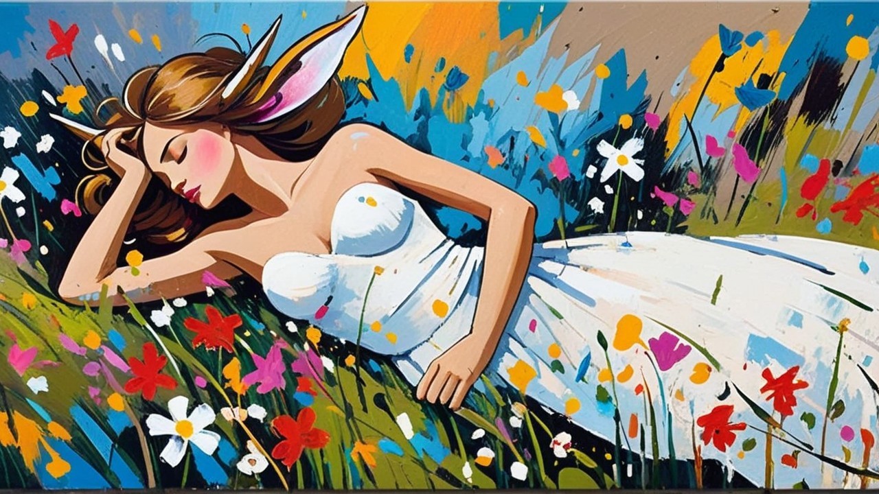 Whimsical Woman with Rabbit Ears in Colorful Meadow