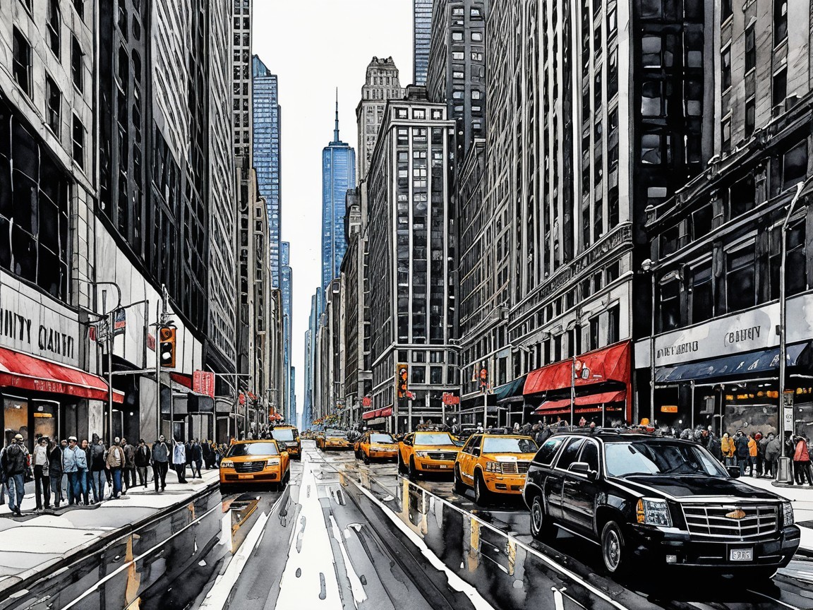 Urban Scene with Skyscrapers and Yellow Taxis